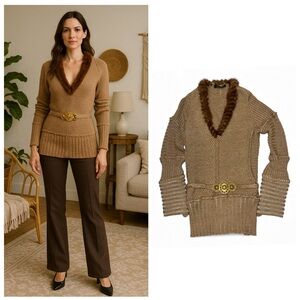 Roberto Cavalli Camel Hair Sweater V-Neck Tan Belted Medallion IT42 US6 Vintage